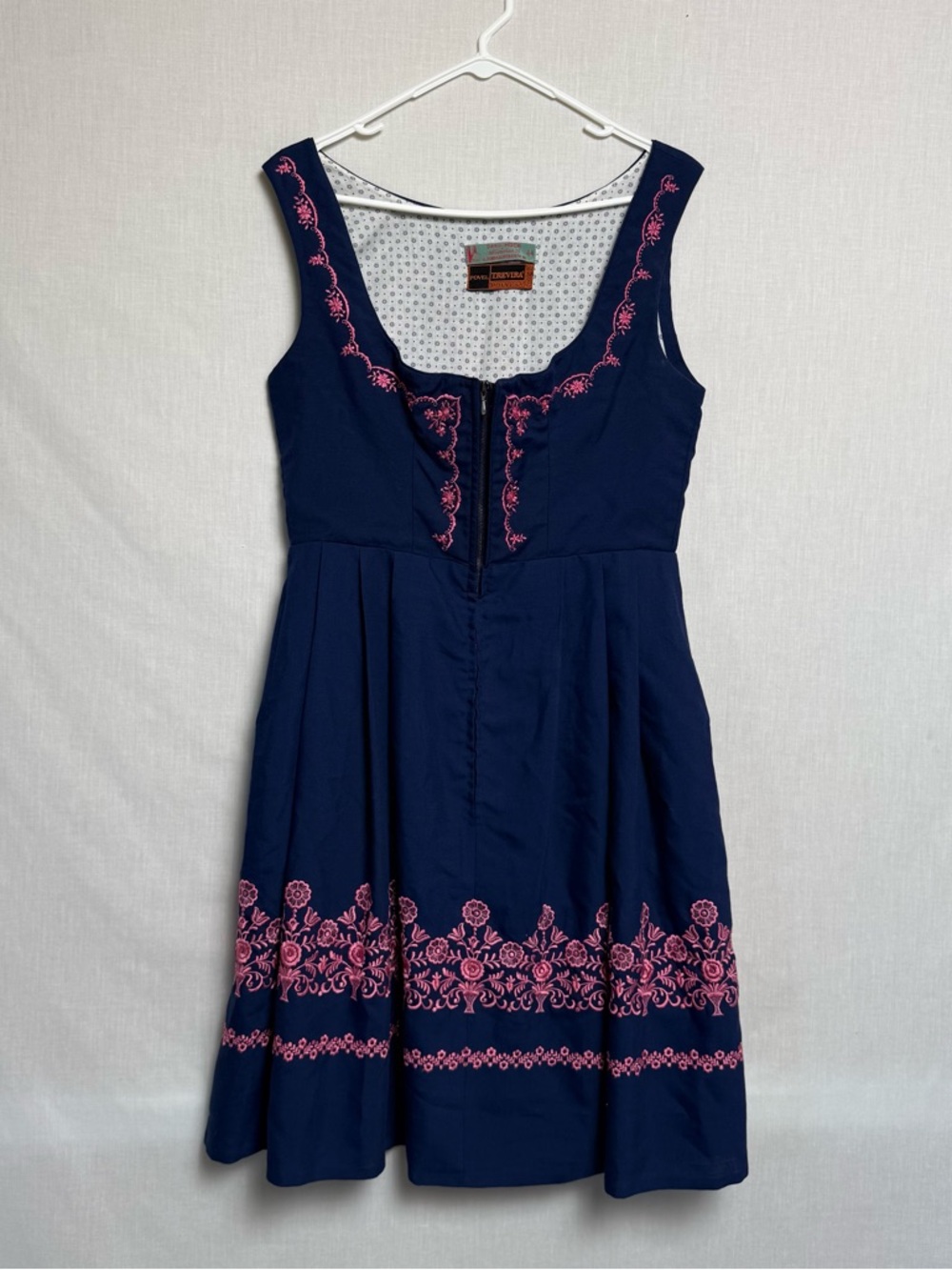 Vintage Dirndl Dress German Oktoberfest Embroidered Navy Pink EU 44 L
